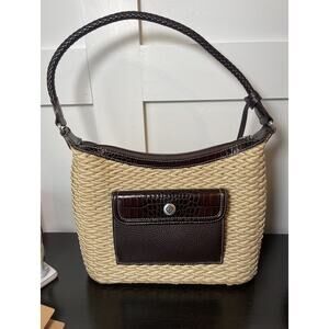 Vintage BRIGHTON Women Straw Leather Handbag Fabric Lined Heart Charm Key Chain